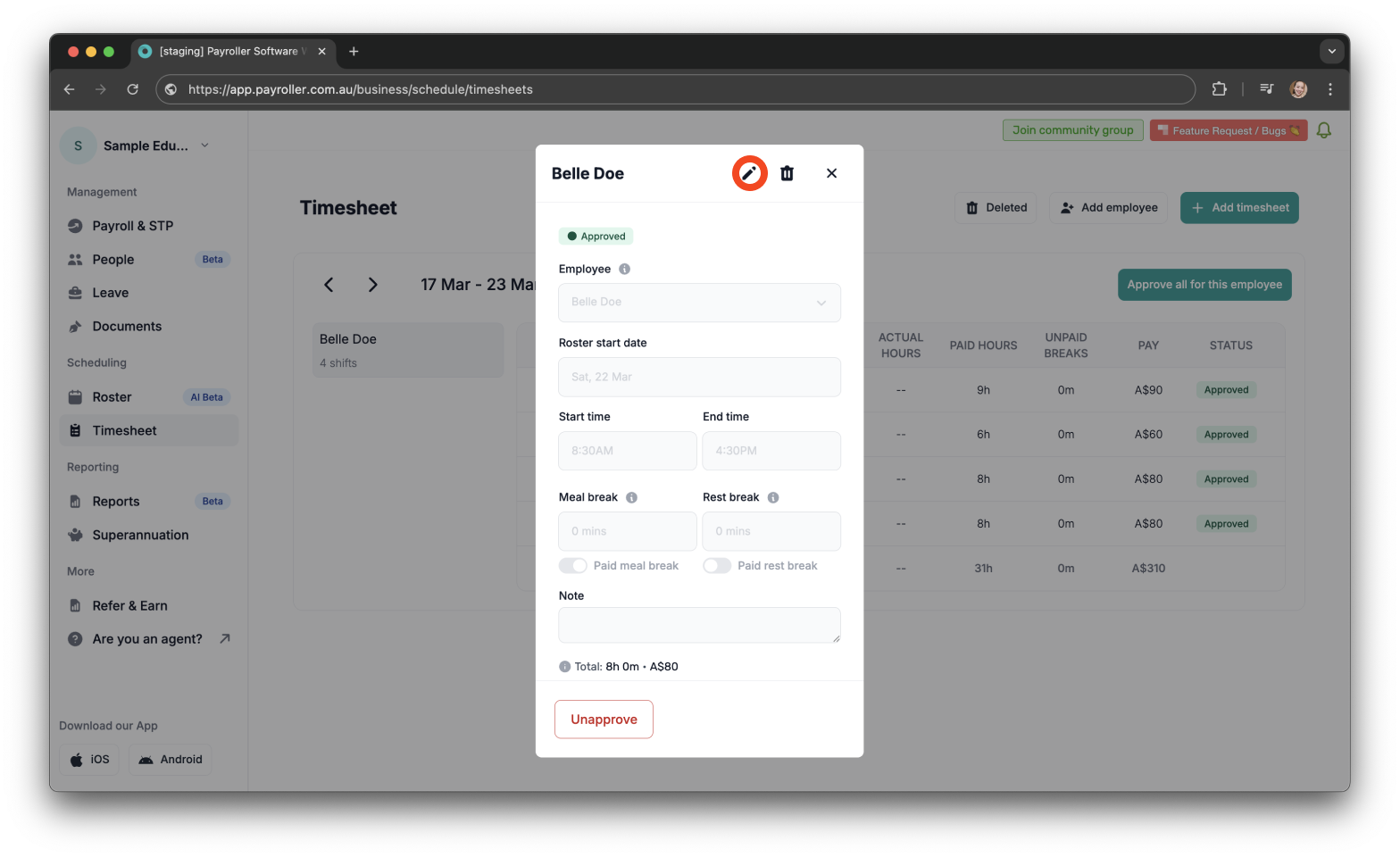 Timesheets and rostering - How to edit a timesheet - 4