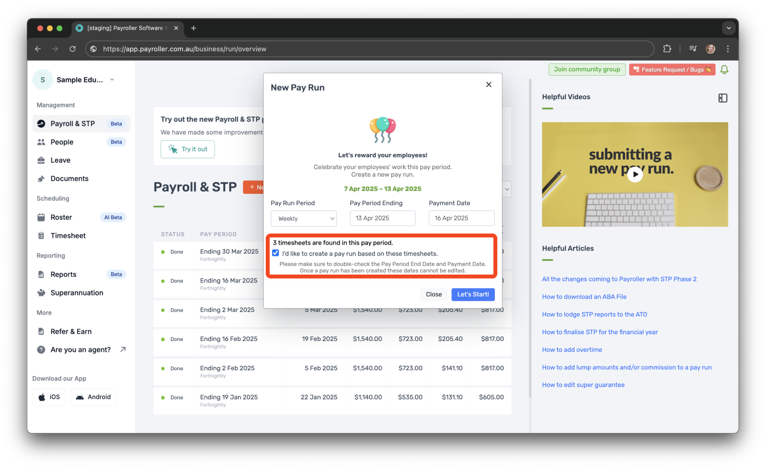 Timesheets and rostering - How to make a pay run with a timesheet - 5