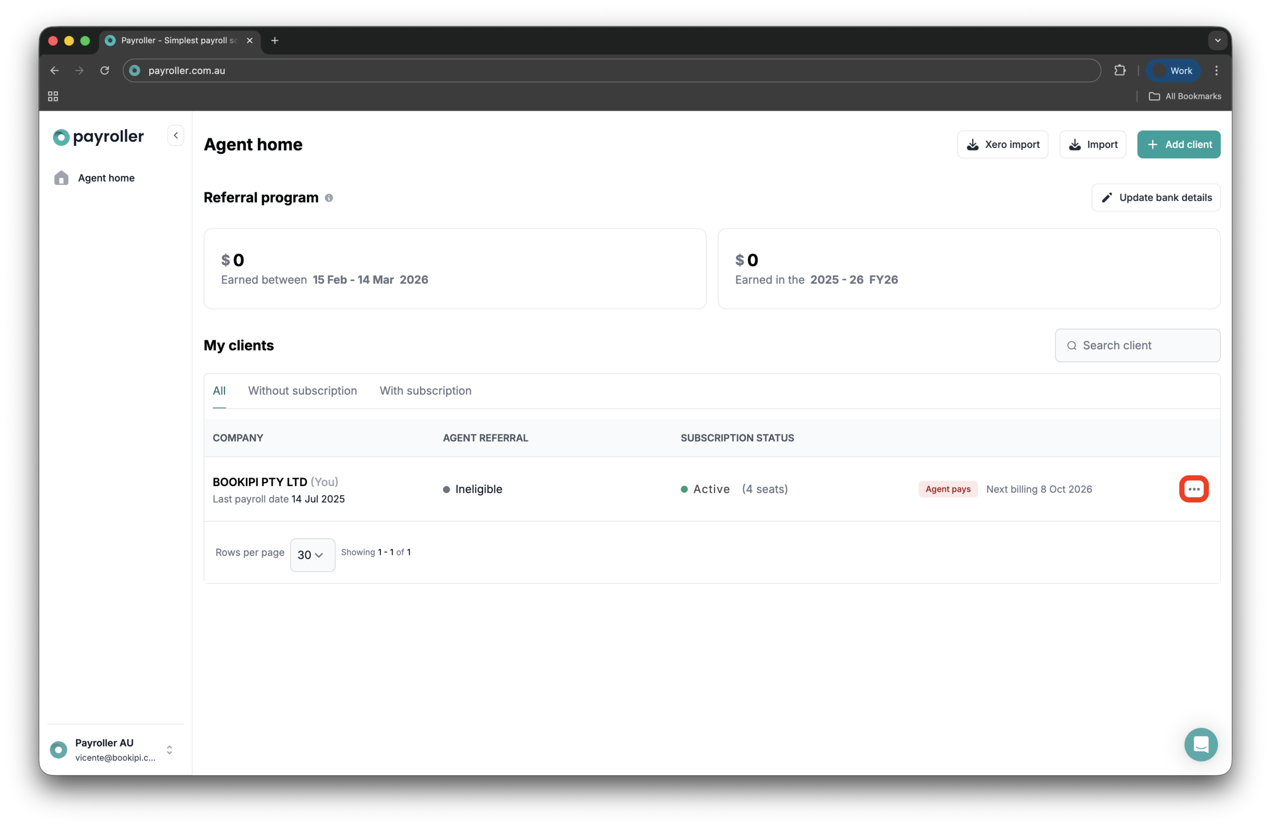 Payroller agent subscriptions - Downloading an invoice of a subscription payment for a client as an agent - 1