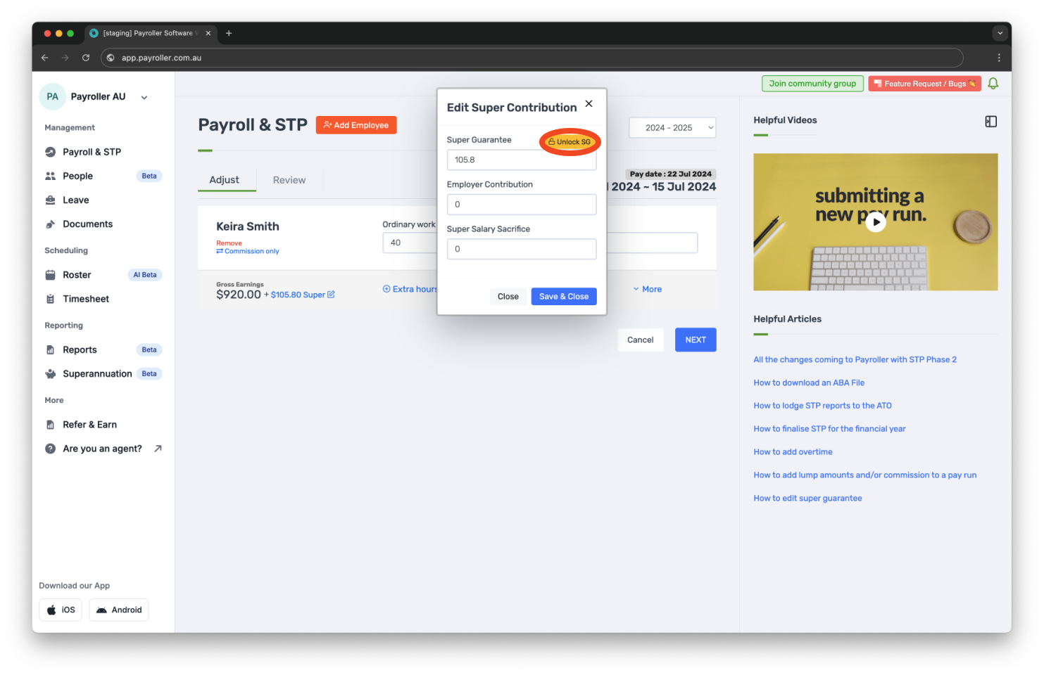 Creating pay runs - Edit super guarantee - 5