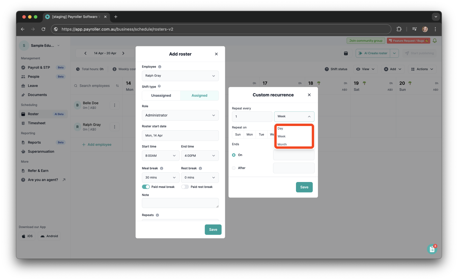 Timesheets and rostering - How to make a custom recurring shift - 11