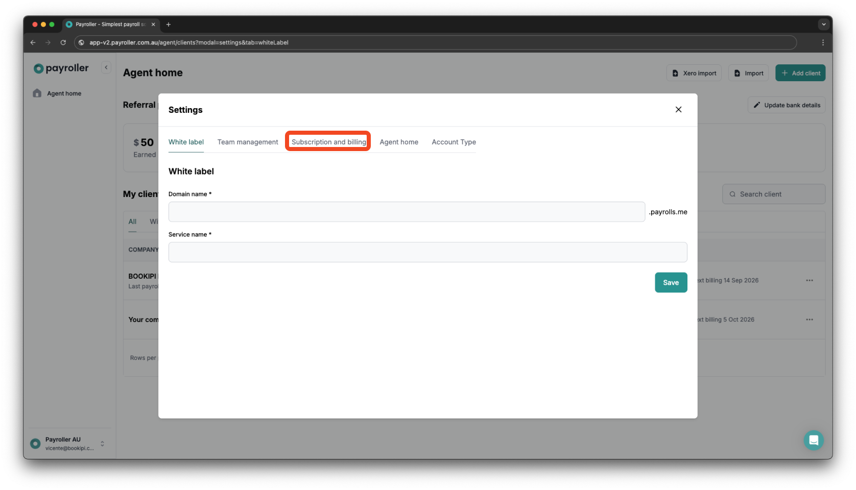 Payroller agent subscriptions - Updating the card details for client subscriptions for agents - 8