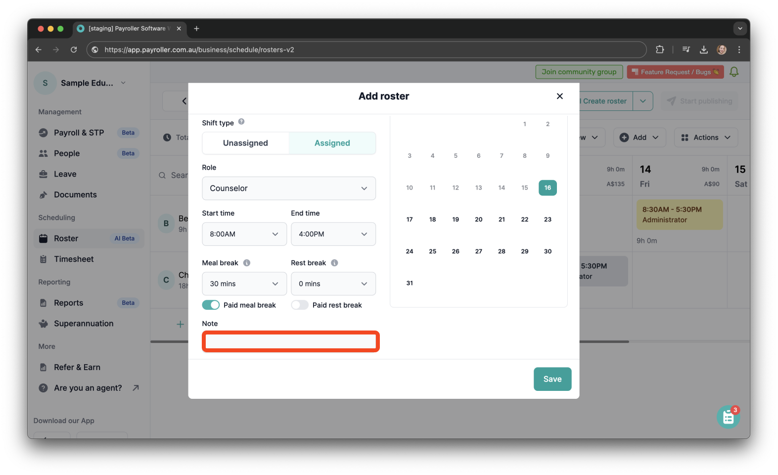 Timesheets and rostering - How to add a shift / How to set a roster - 9