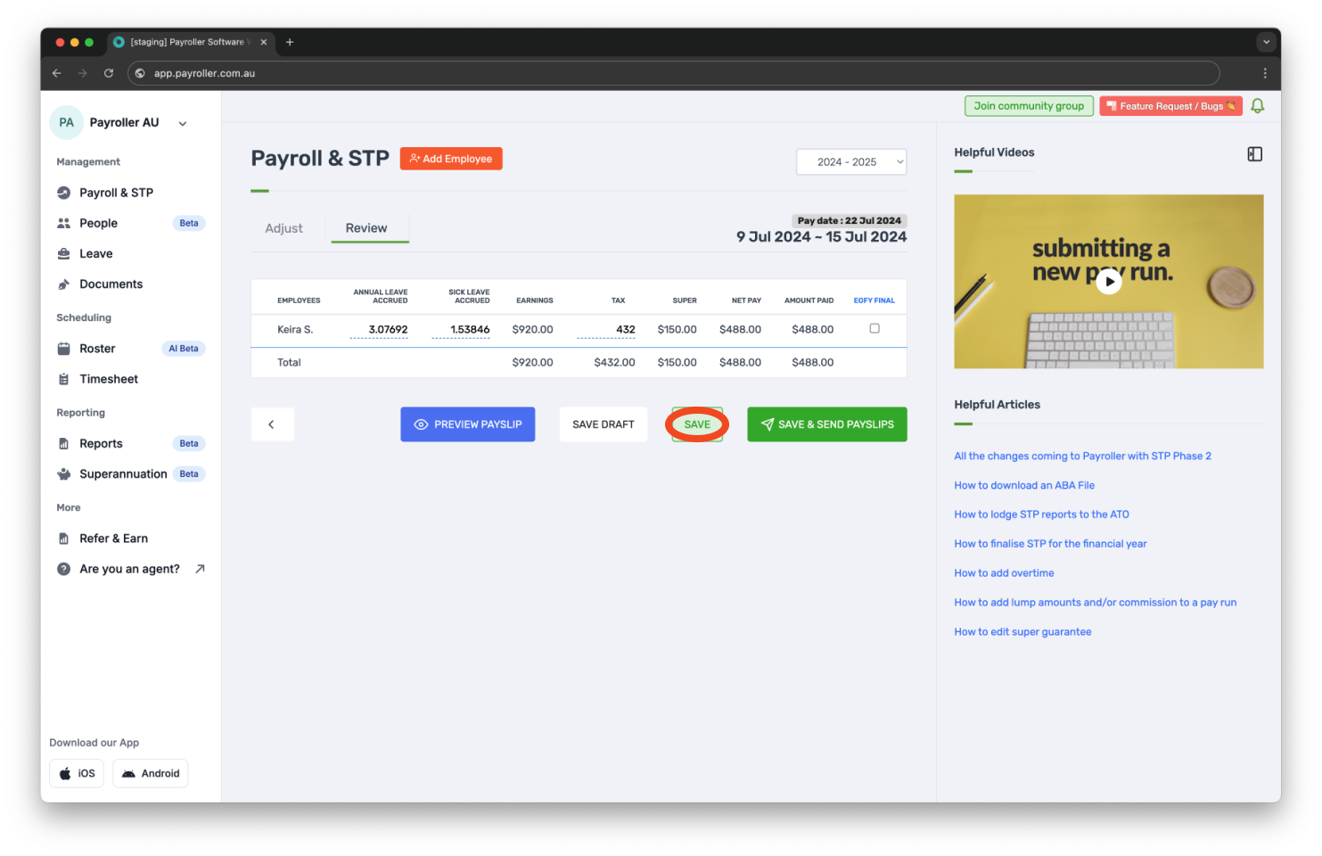 Creating pay runs - Edit super guarantee - 8