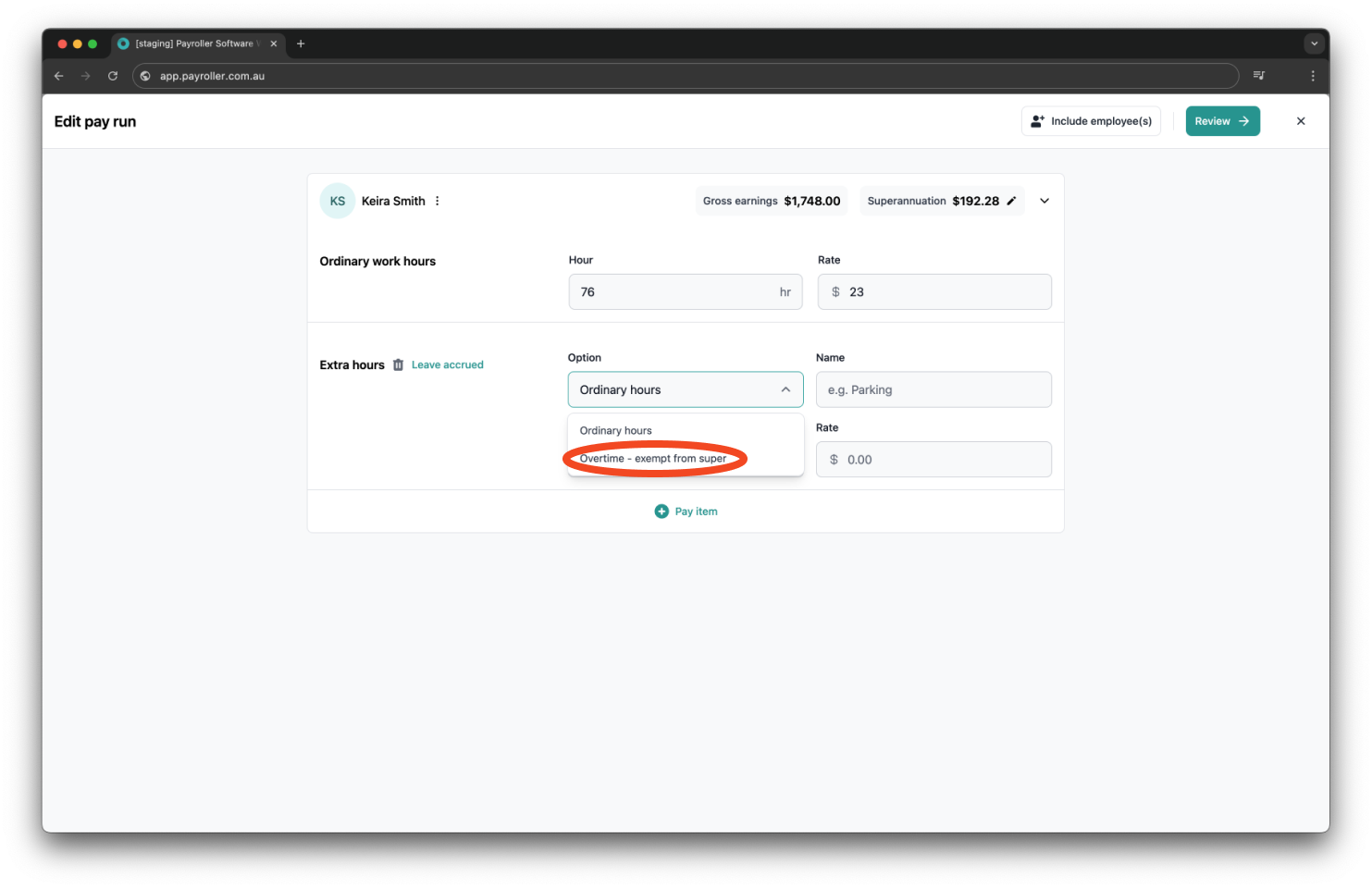Creating pay runs - How to enter overtime on the pay run - 5