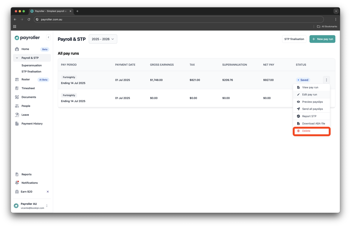 Creating pay runs - Deleting a pay run that has not been submitted to the ATO (draft/done) - 3