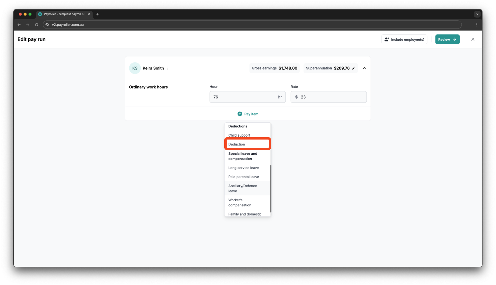 Creating pay runs - Adding a deduction - 4