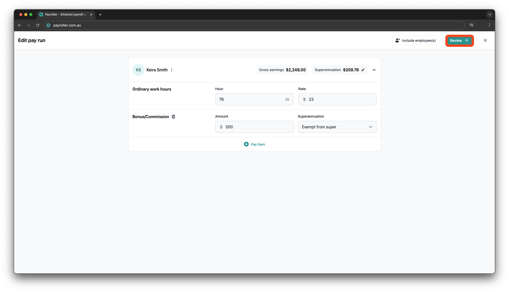 Creating pay runs - Adding Commission/lump sum - 7