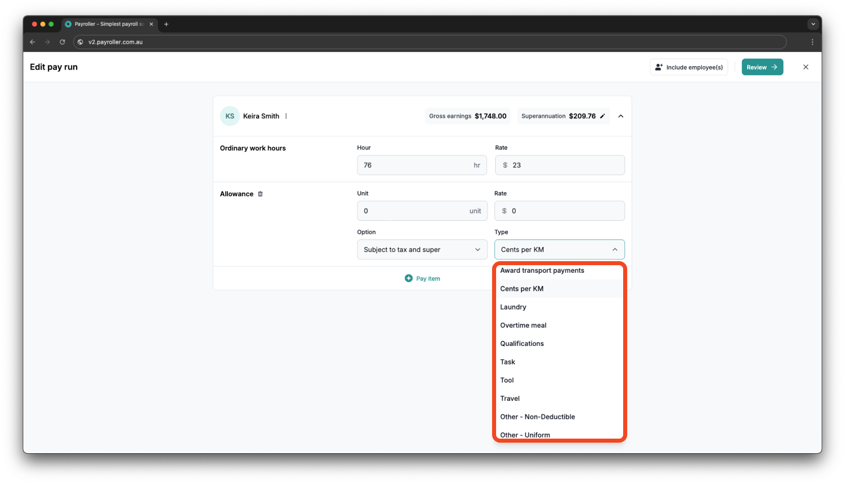 Creating pay runs - Adding an allowance - 7