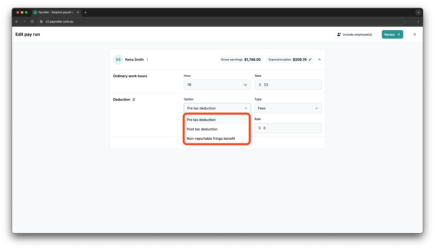 Creating pay runs - Adding a deduction - 5