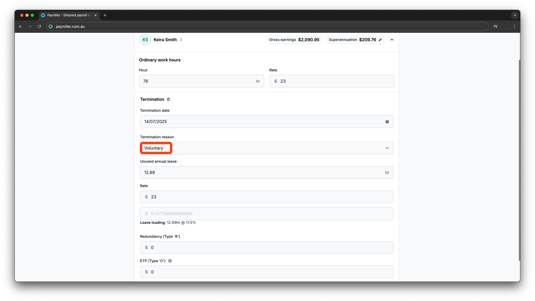 Payroller functions - Termination Payment - 6