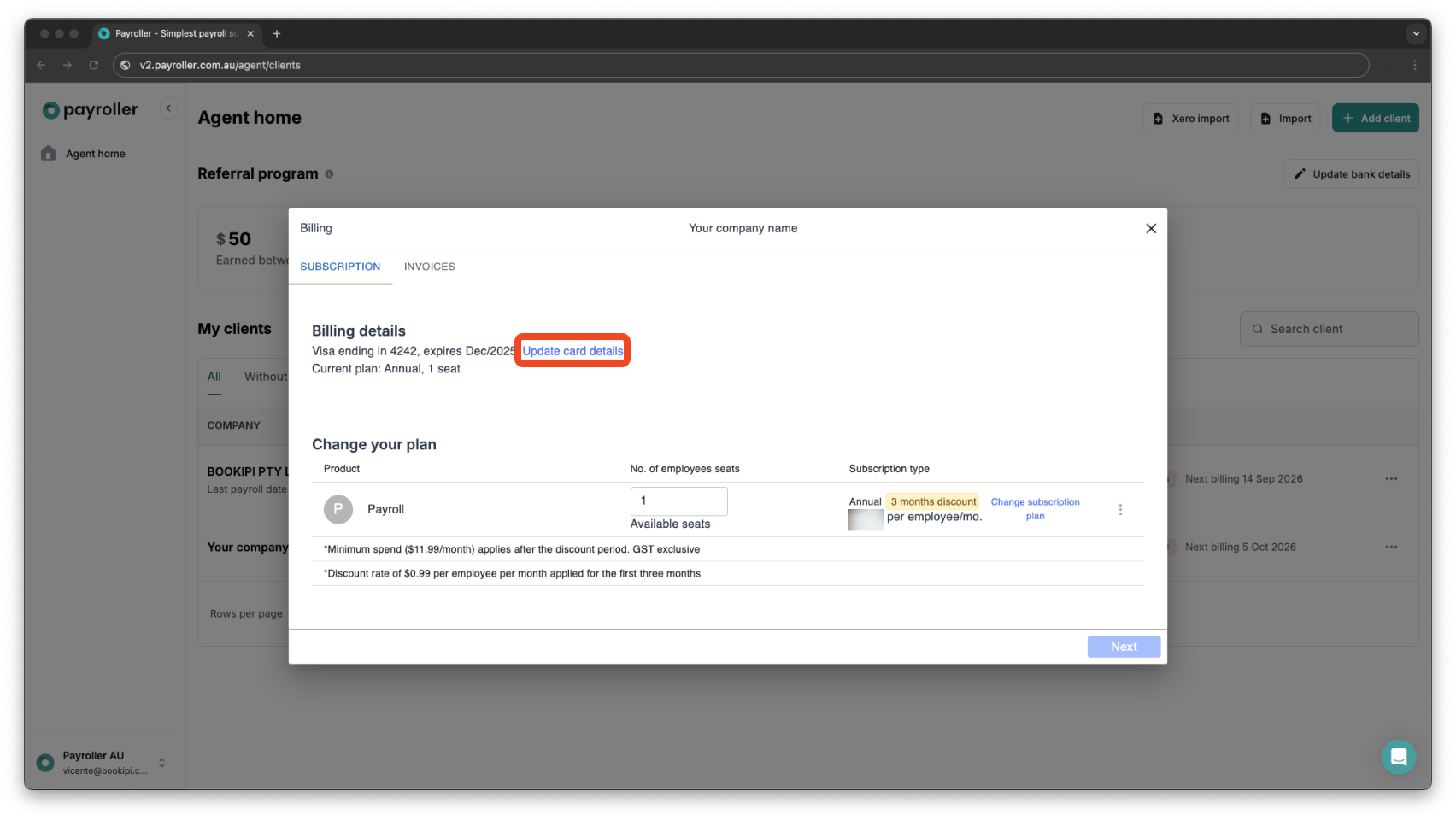 Payroller agent subscriptions - Updating the card details for client subscriptions for agents - 3