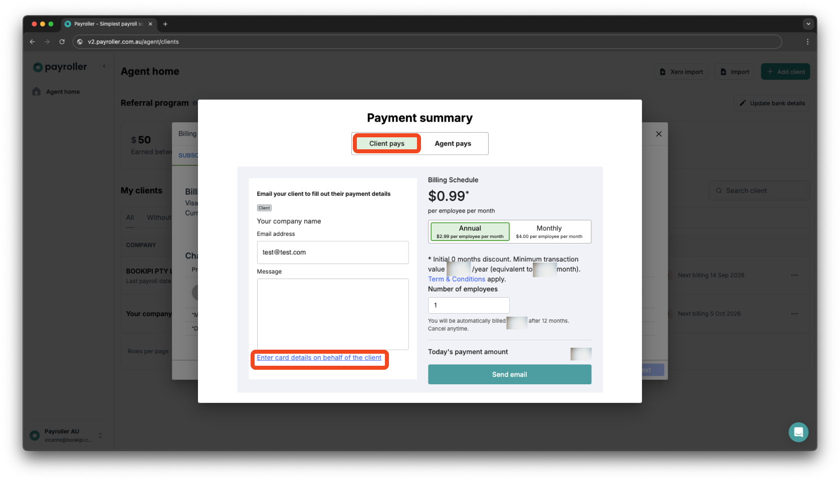 Payroller agent subscriptions - Updating the card details for client subscriptions for agents - 4