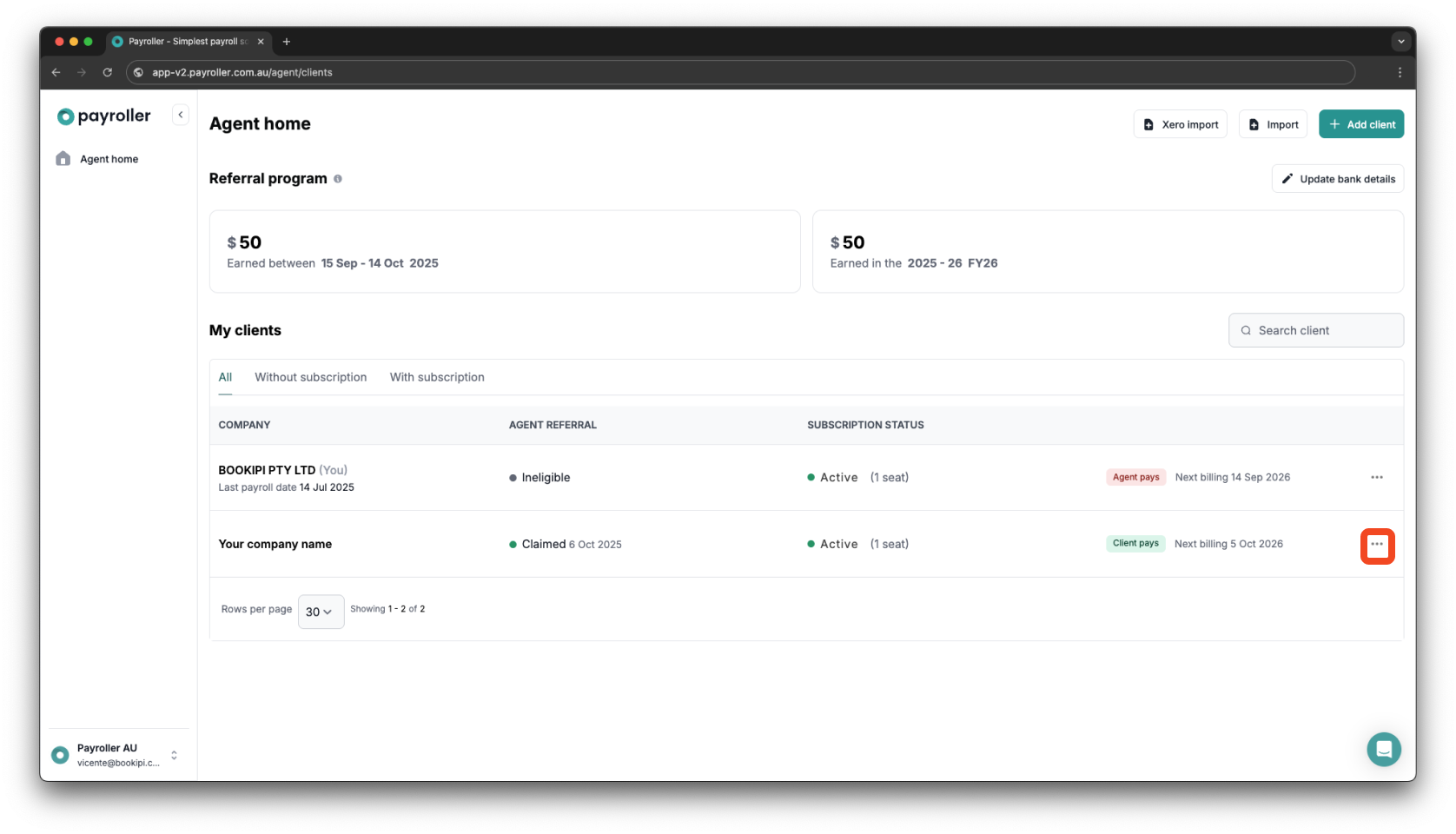 Payroller agent subscriptions - Updating the card details for client subscriptions for agents - 10