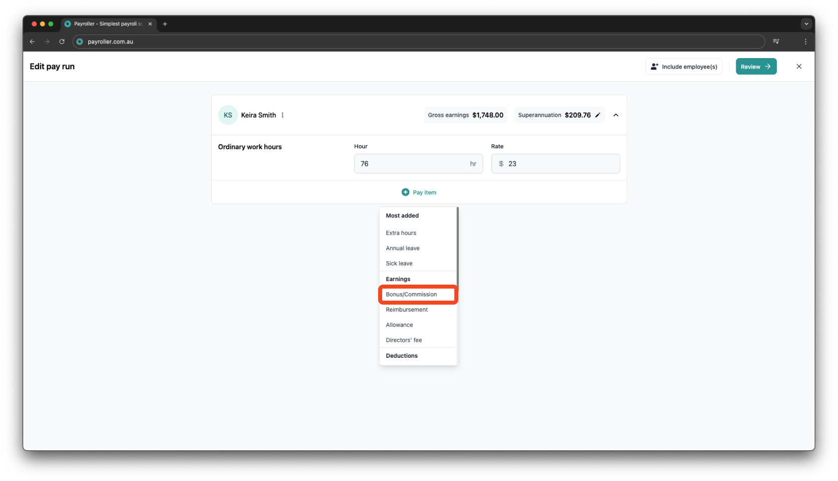 Creating pay runs - Adding a bonus/commission - 4