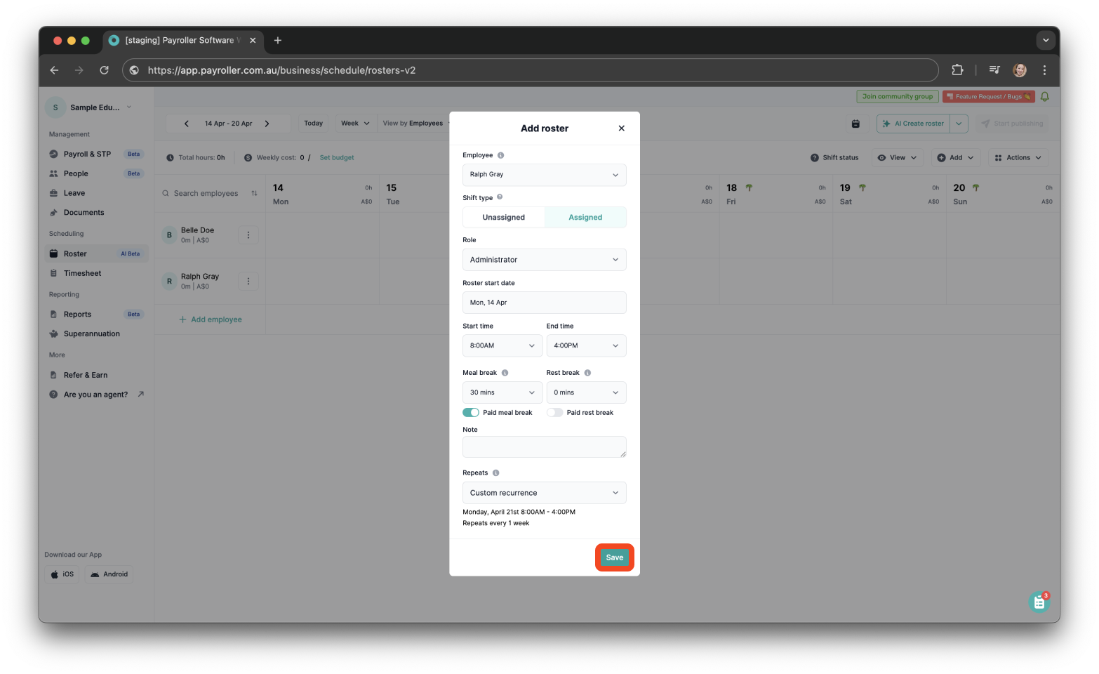 Timesheets and rostering - How to make a custom recurring shift - 16