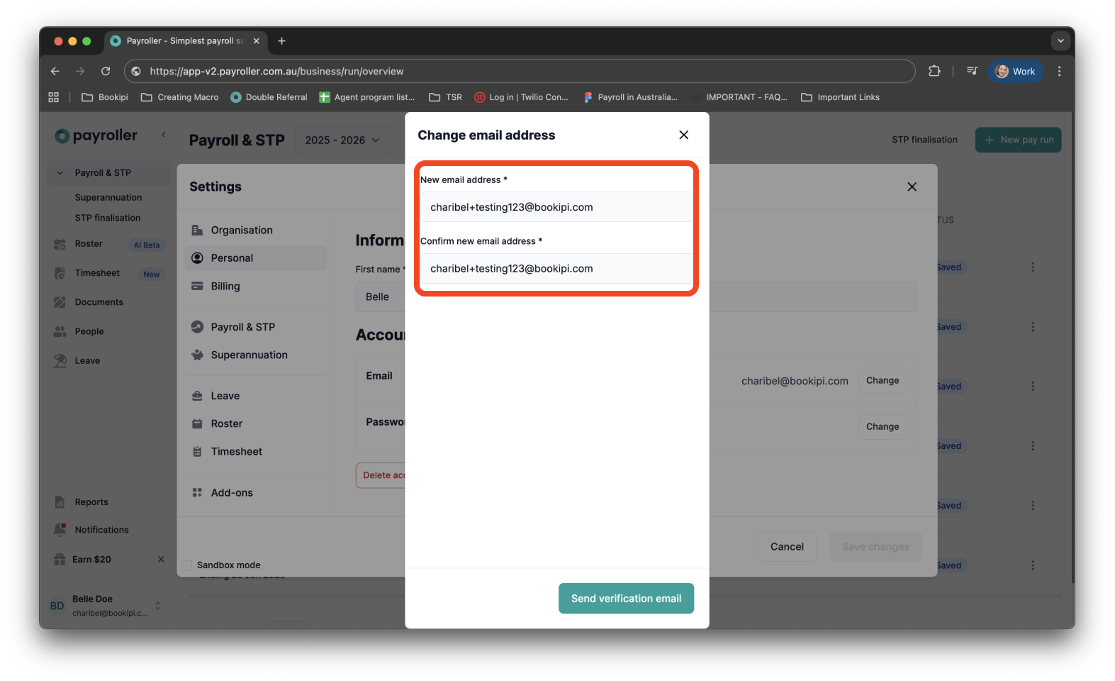 Payroller settings - Change email address - 10