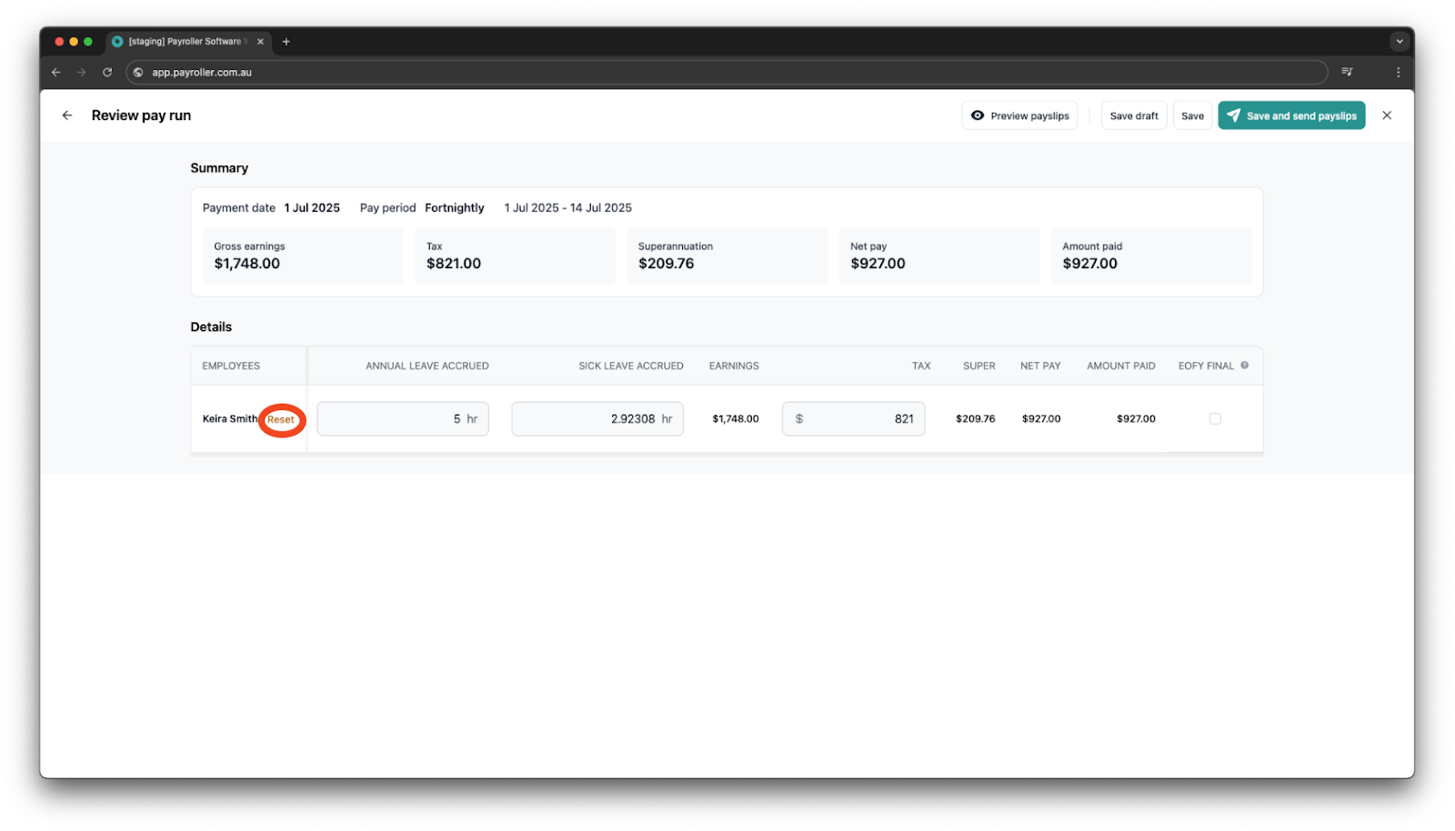 Creating pay runs - Edit leave accrued - 6