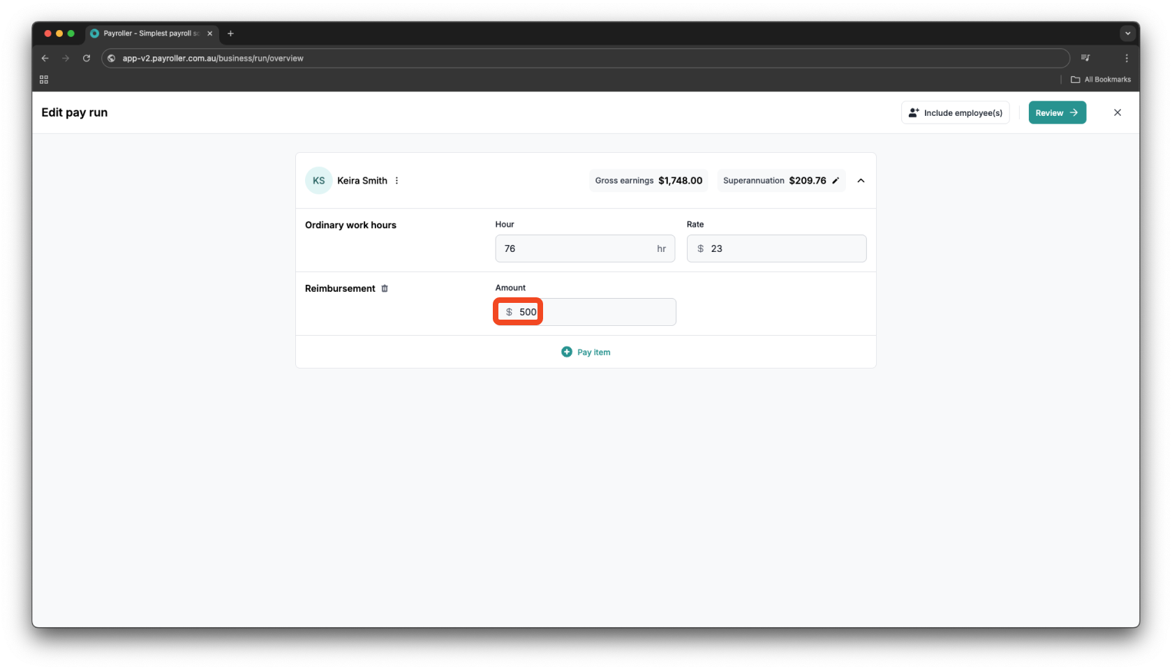 Creating pay runs - Adding a reimbursement - 5
