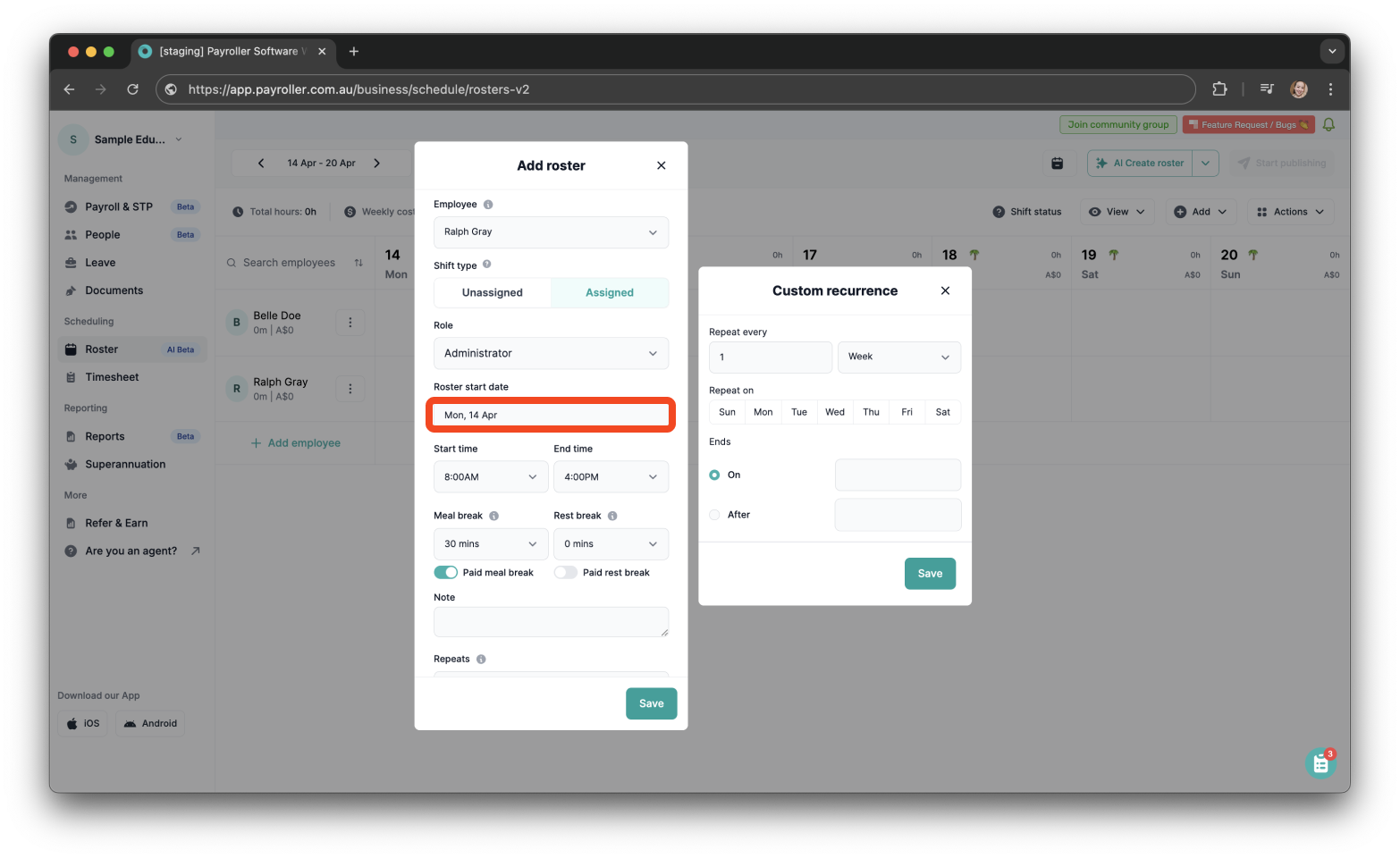 Timesheets and rostering - How to make a custom recurring shift - 10