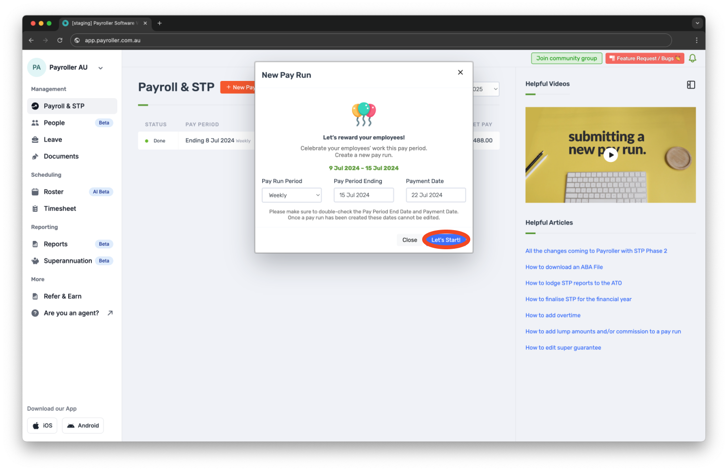 Creating pay runs - Edit super guarantee - 2