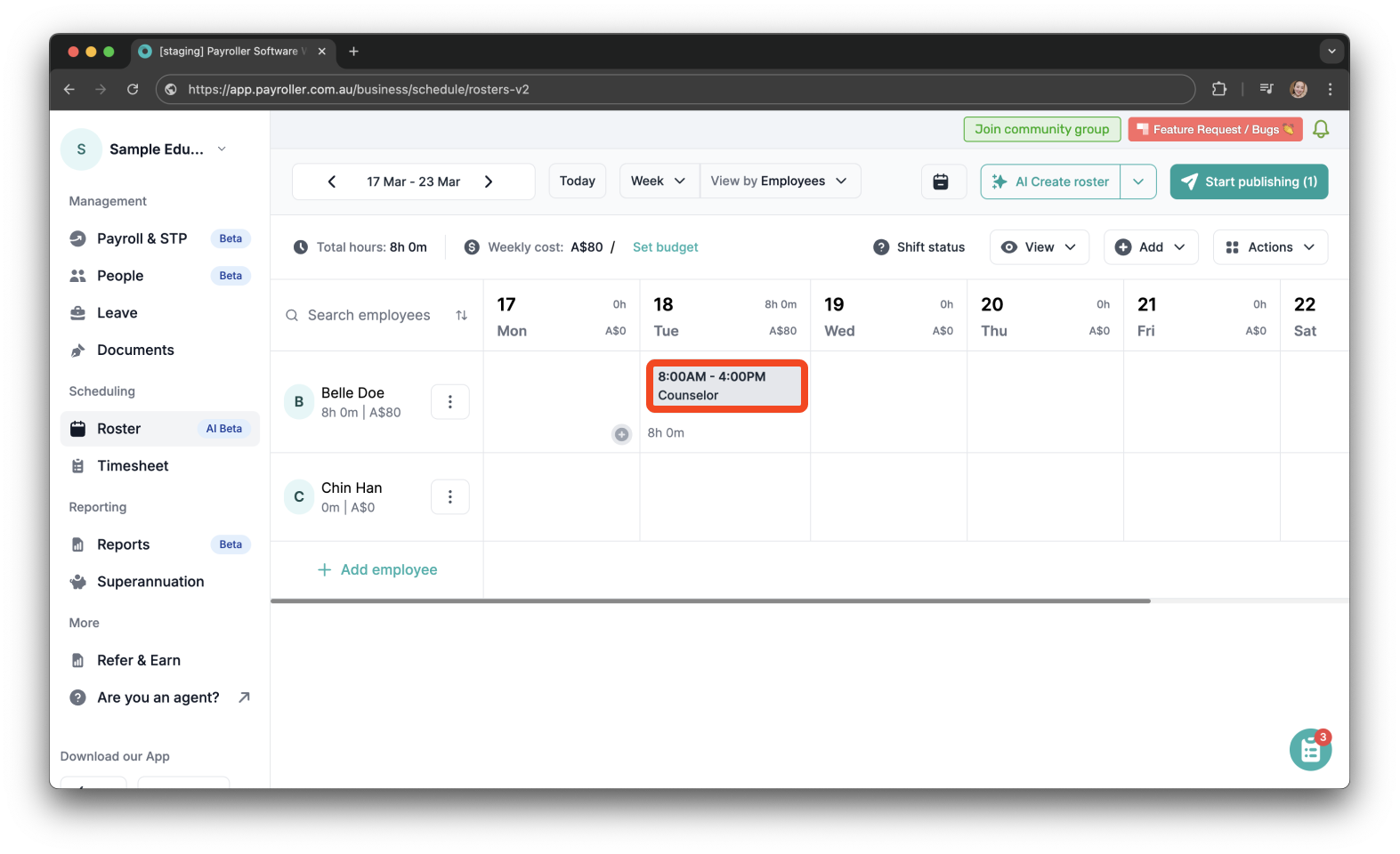 Timesheets and rostering - How to add a shift / How to set a roster - 13