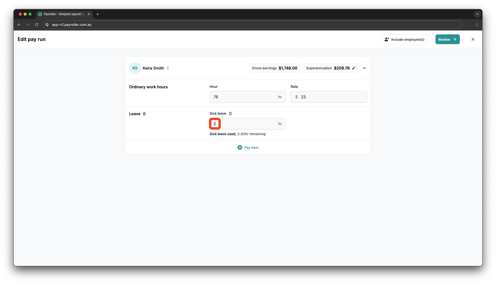 Creating pay runs - Adding leave to a pay run - 5