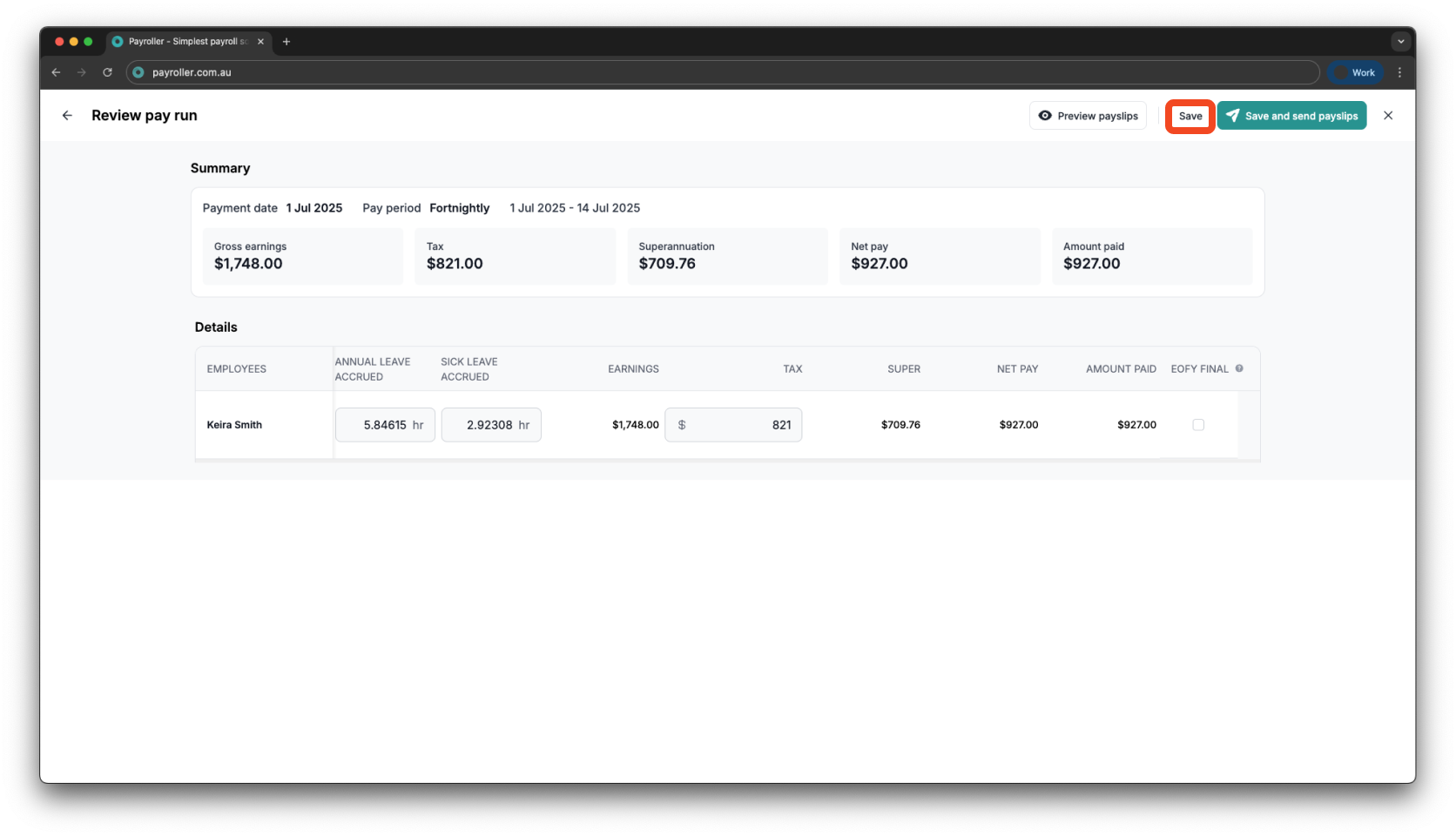 Creating pay runs - Adding employer contribution (superannuation) - 7