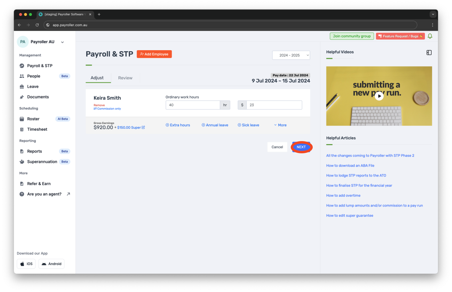 Creating pay runs - Edit super guarantee - 7