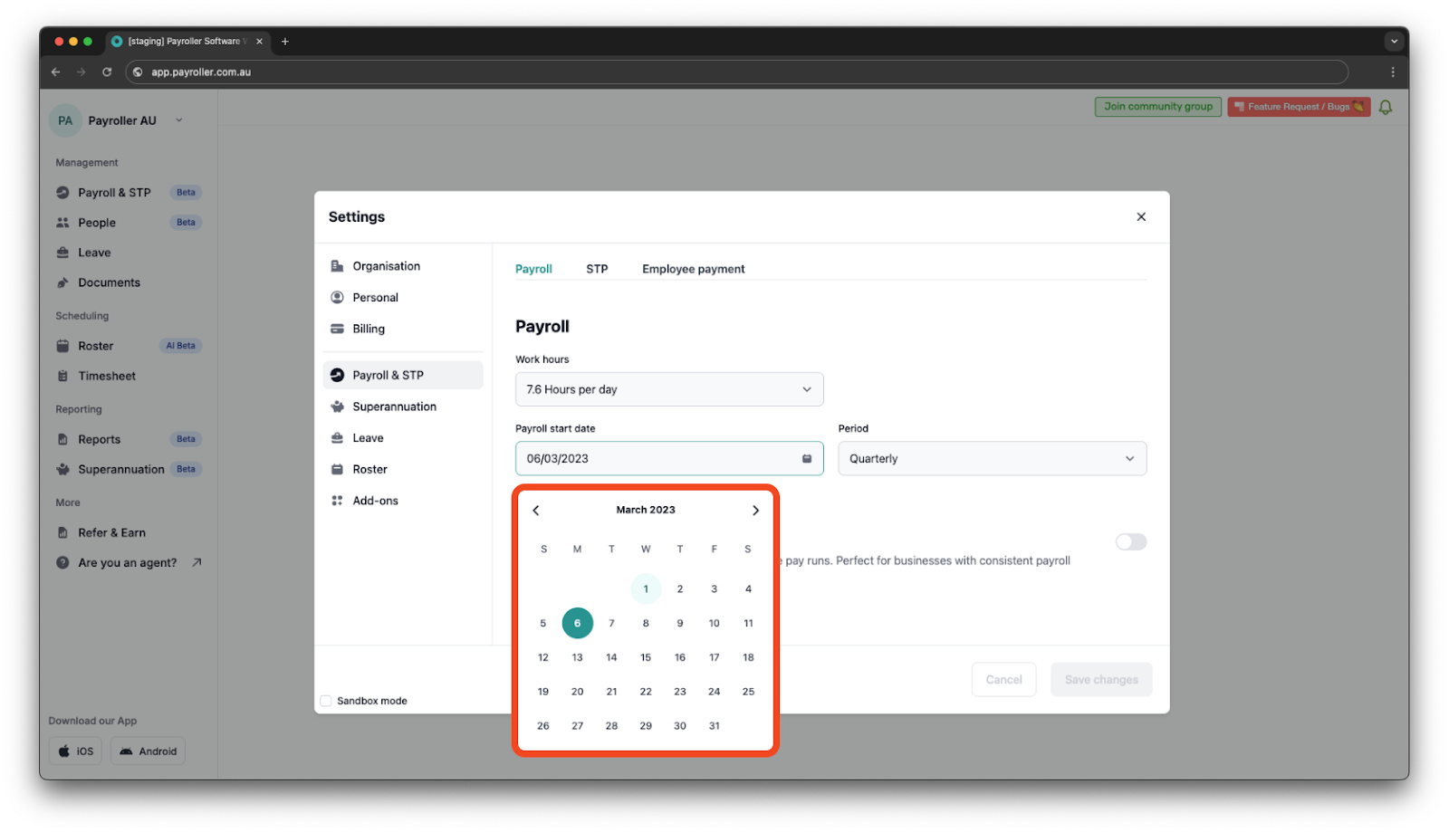 Payroller settings - Set the Payroll Start Date of your first pay run - 7