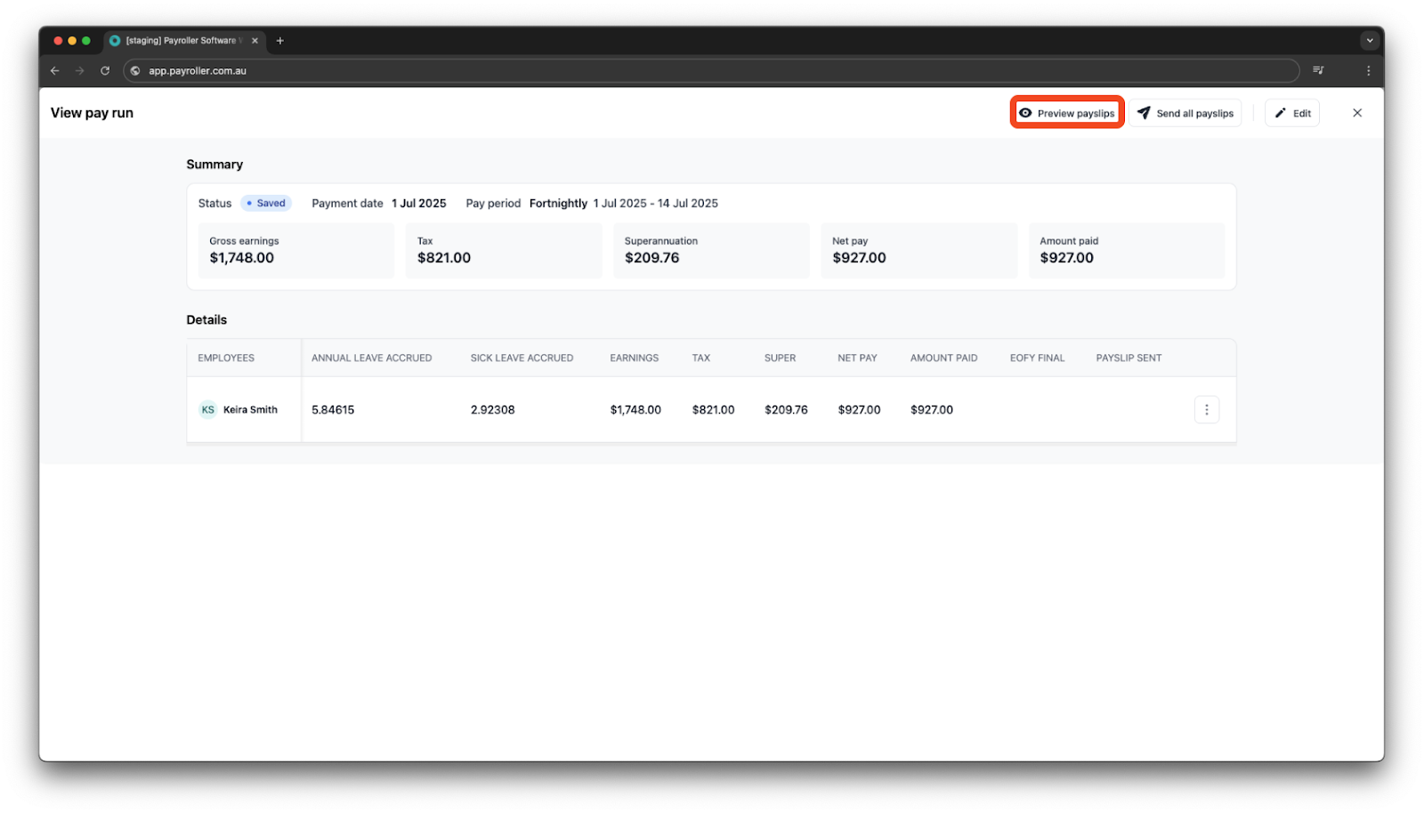 Creating pay runs - Send/view/print payslips - 6