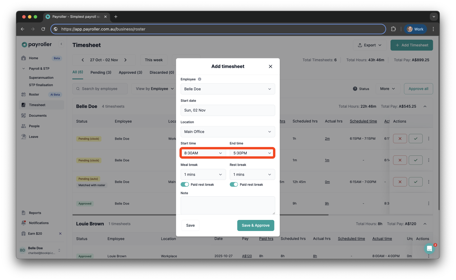 Timesheets and rostering - How to add a timesheet - 6