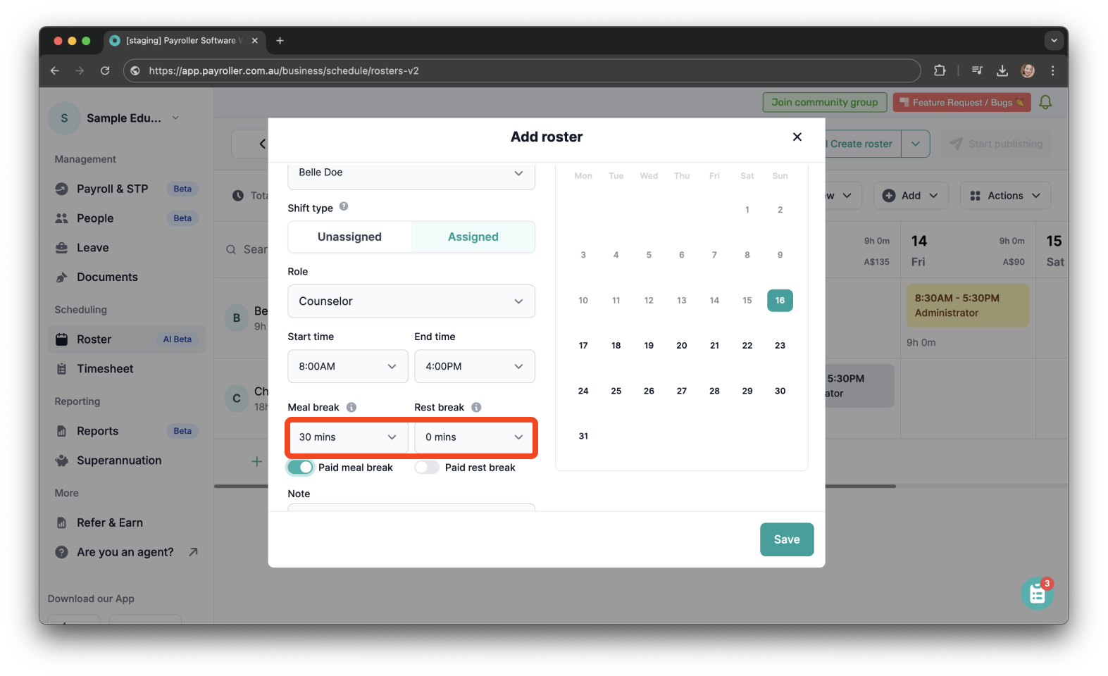 Timesheets and rostering - How to add a shift / How to set a roster - 7