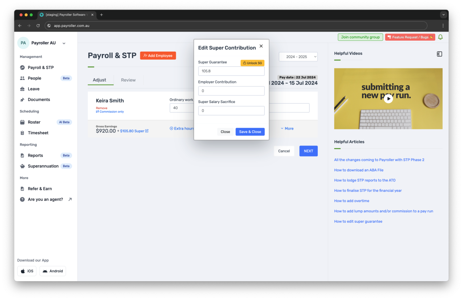 Creating pay runs - Edit super guarantee - 4