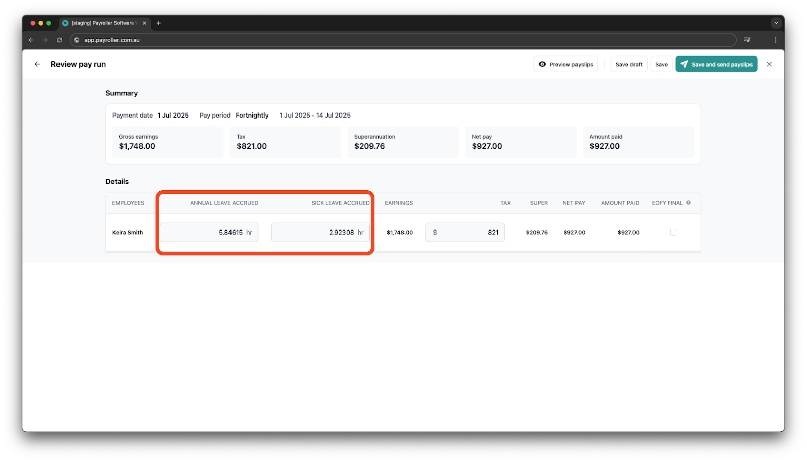 Creating pay runs - Edit leave accrued - 4
