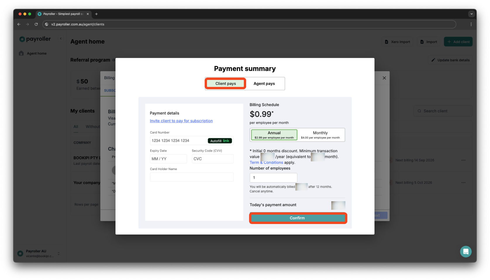 Payroller agent subscriptions - Updating the card details for client subscriptions for agents - 5