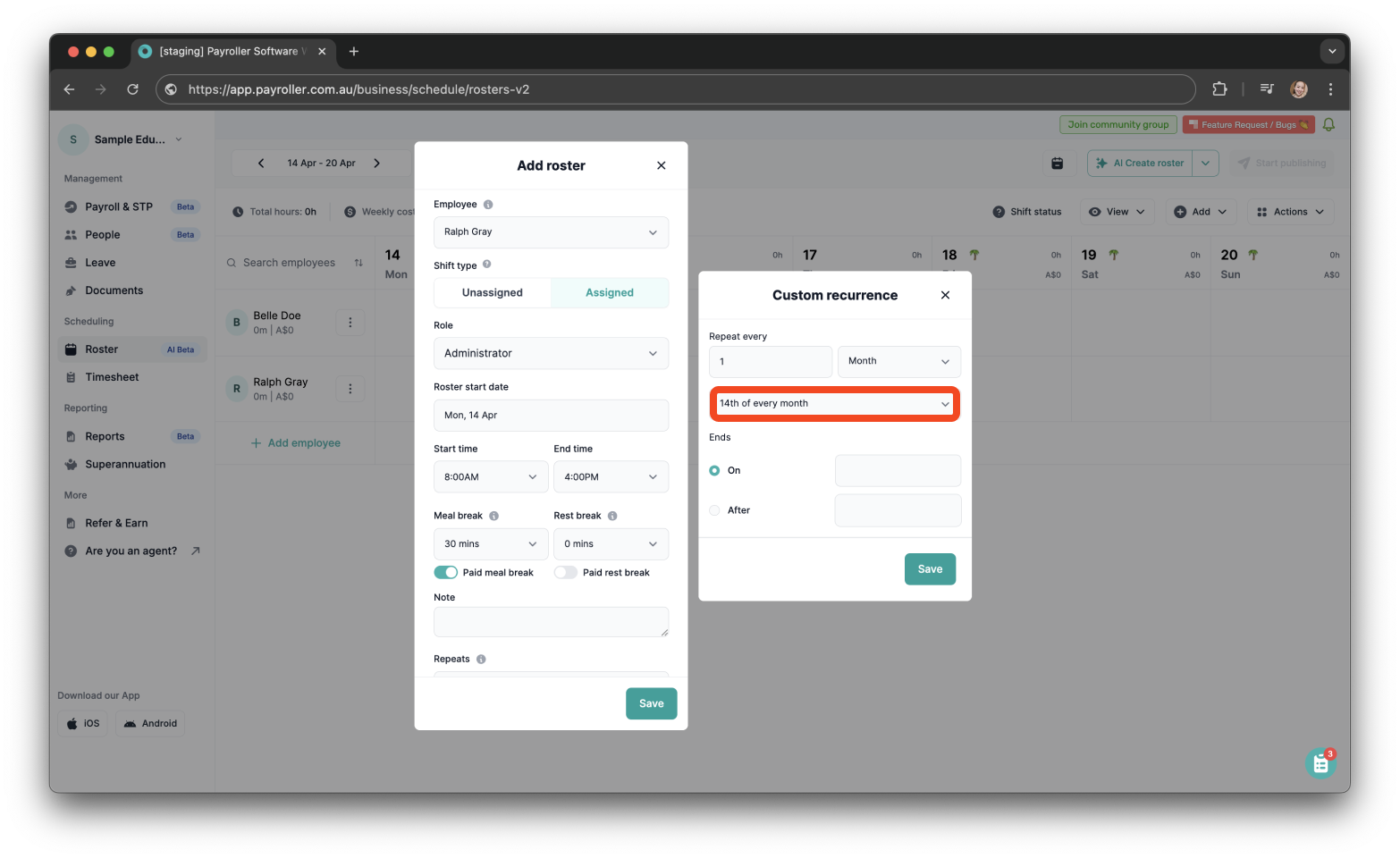 Timesheets and rostering - How to make a custom recurring shift - 13