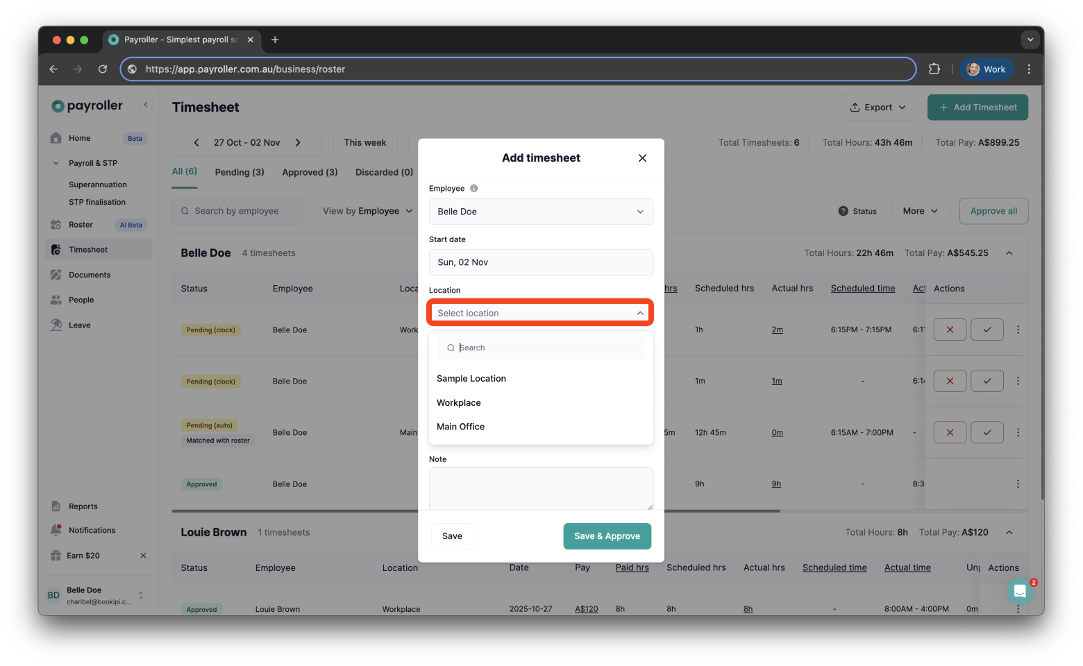 Timesheets and rostering - How to add a timesheet - 5