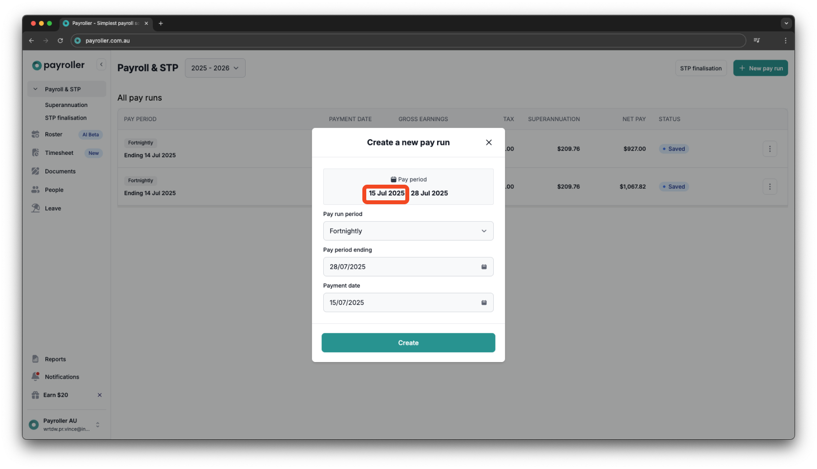 Creating pay runs - Pay period, pay period end date, and payment date - 6
