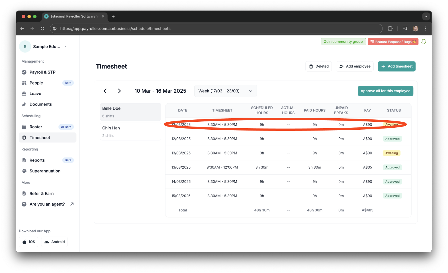 Timesheets and rostering - How to approve a timesheet - 4