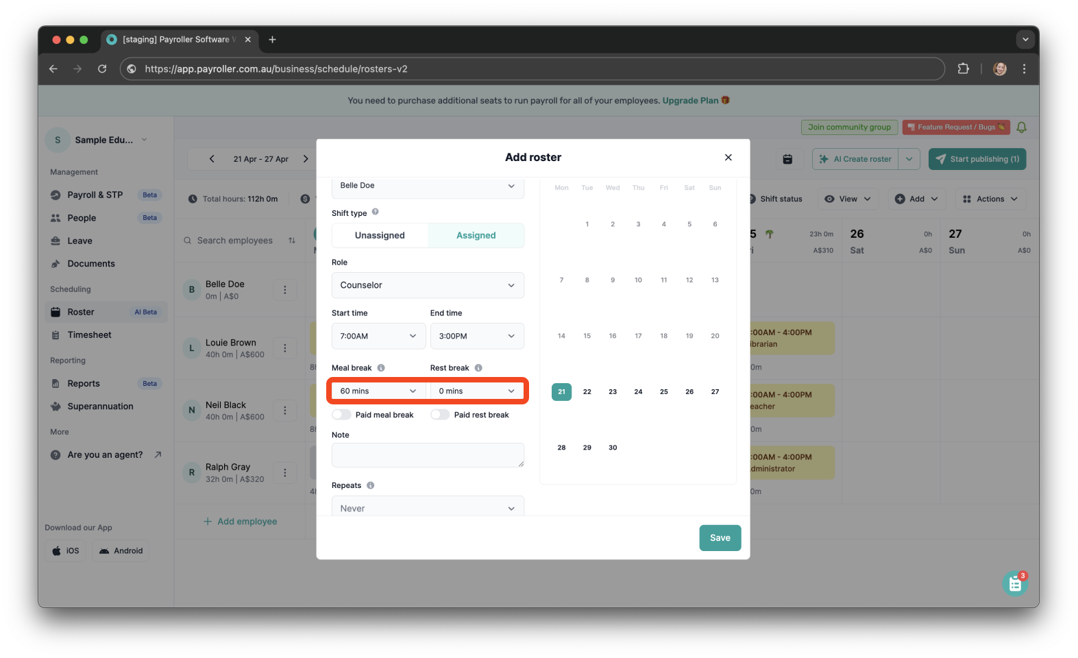 Timesheets and rostering - How to add a meal/rest break in a shift/timesheet - 6