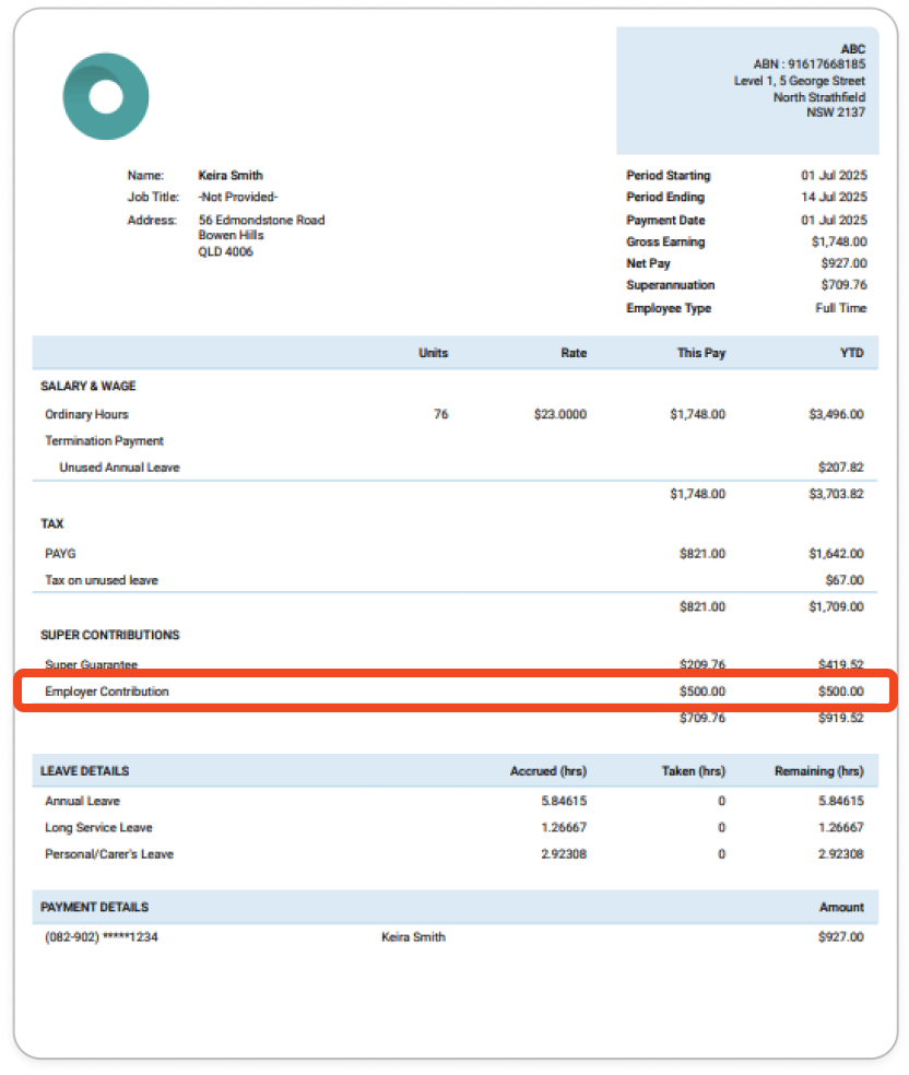 Creating pay runs - Adding employer contribution (superannuation) - 9