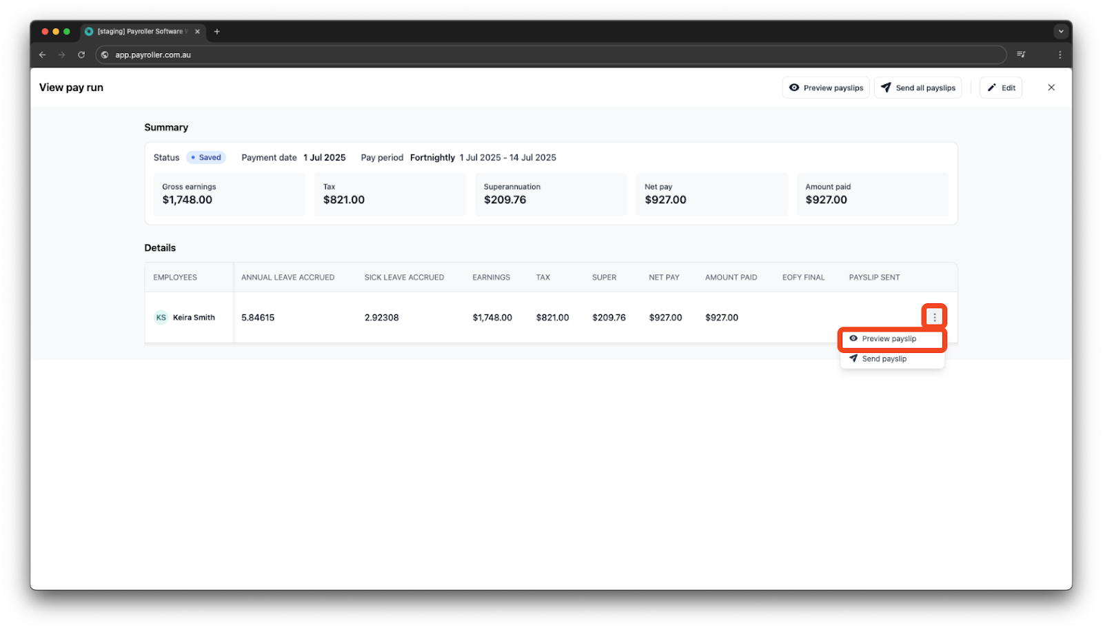Creating pay runs - Send/view/print payslips - 8