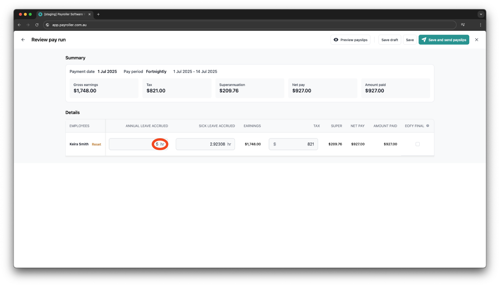 Creating pay runs - Edit leave accrued - 5