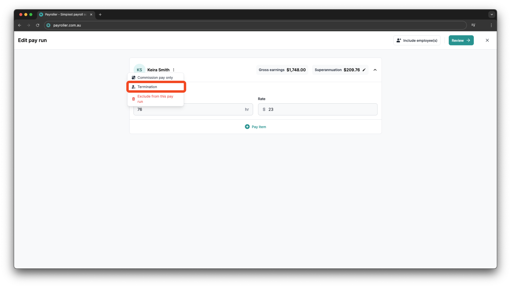 Payroller functions - Termination Payment - 4