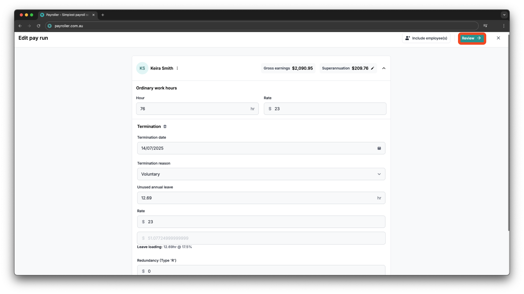 Payroller functions - Termination Payment - 11