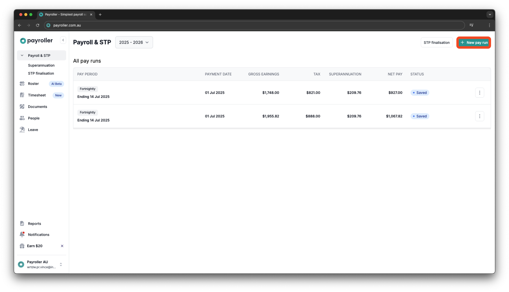 Creating pay runs - Pay period, pay period end date, and payment date - 1