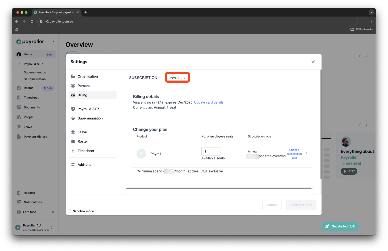 Payroller Employer Subscriptions - Downloading an invoice for your subscription payment - 4
