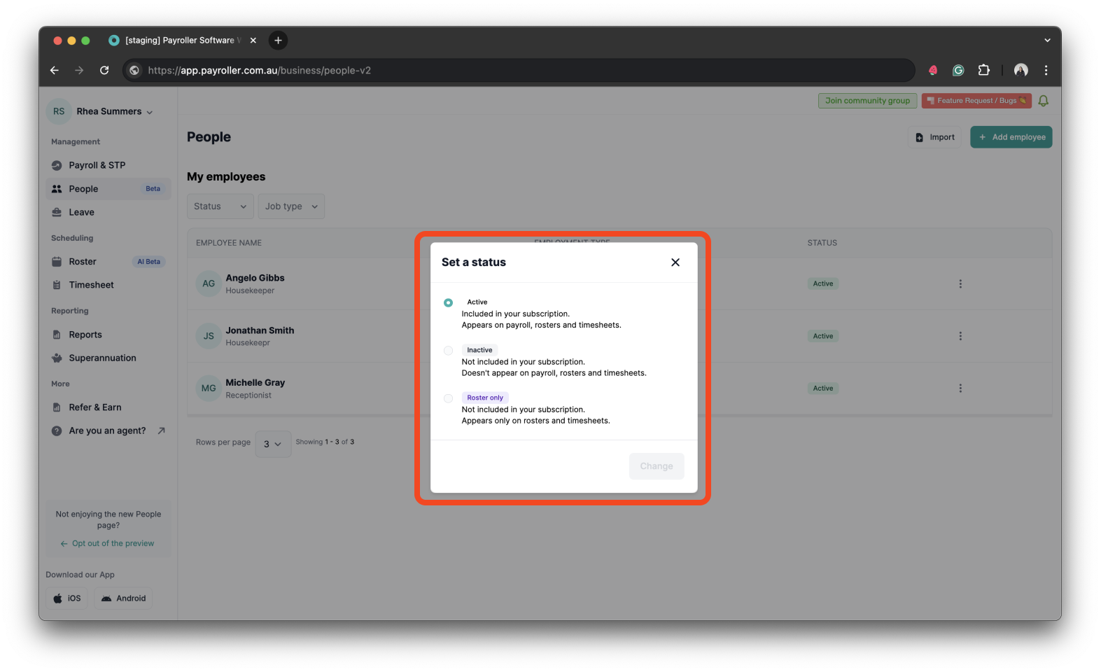 Setting up your employees - Changing the status of your employee (active, inactive, roster-only) - 10