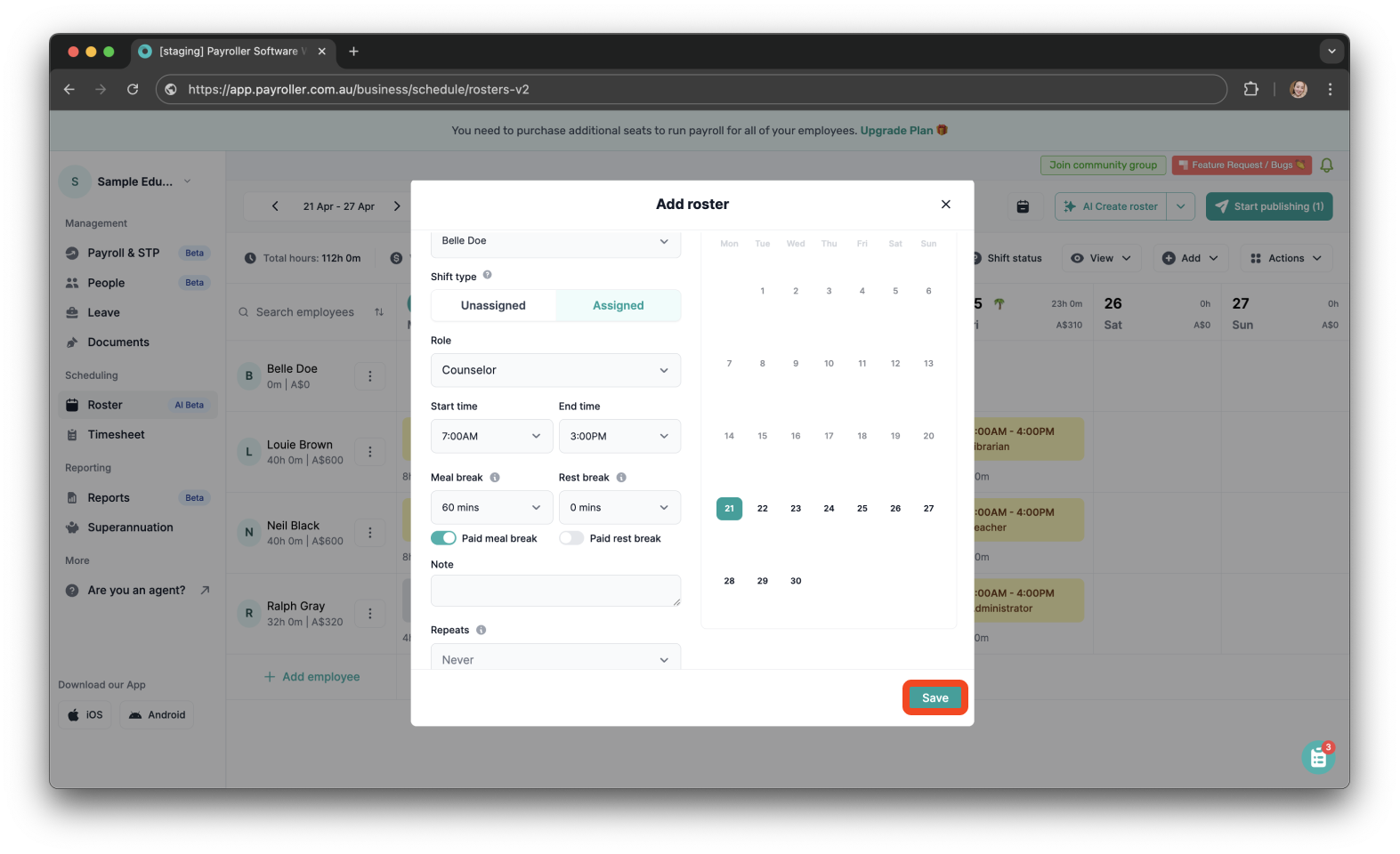 Timesheets and rostering - How to add a meal/rest break in a shift/timesheet - 8